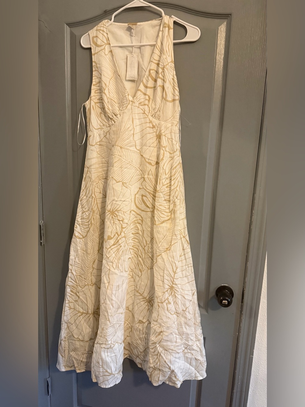 Magaschoni Cream Midi Dress with Gold Leaf Print